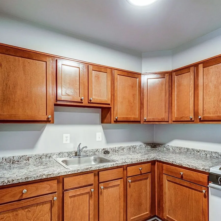 Apartment kitchen with wood cabinets